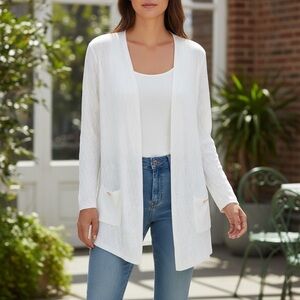 Kasper Ivory Open Front Long Sleeve Textured Cardigan